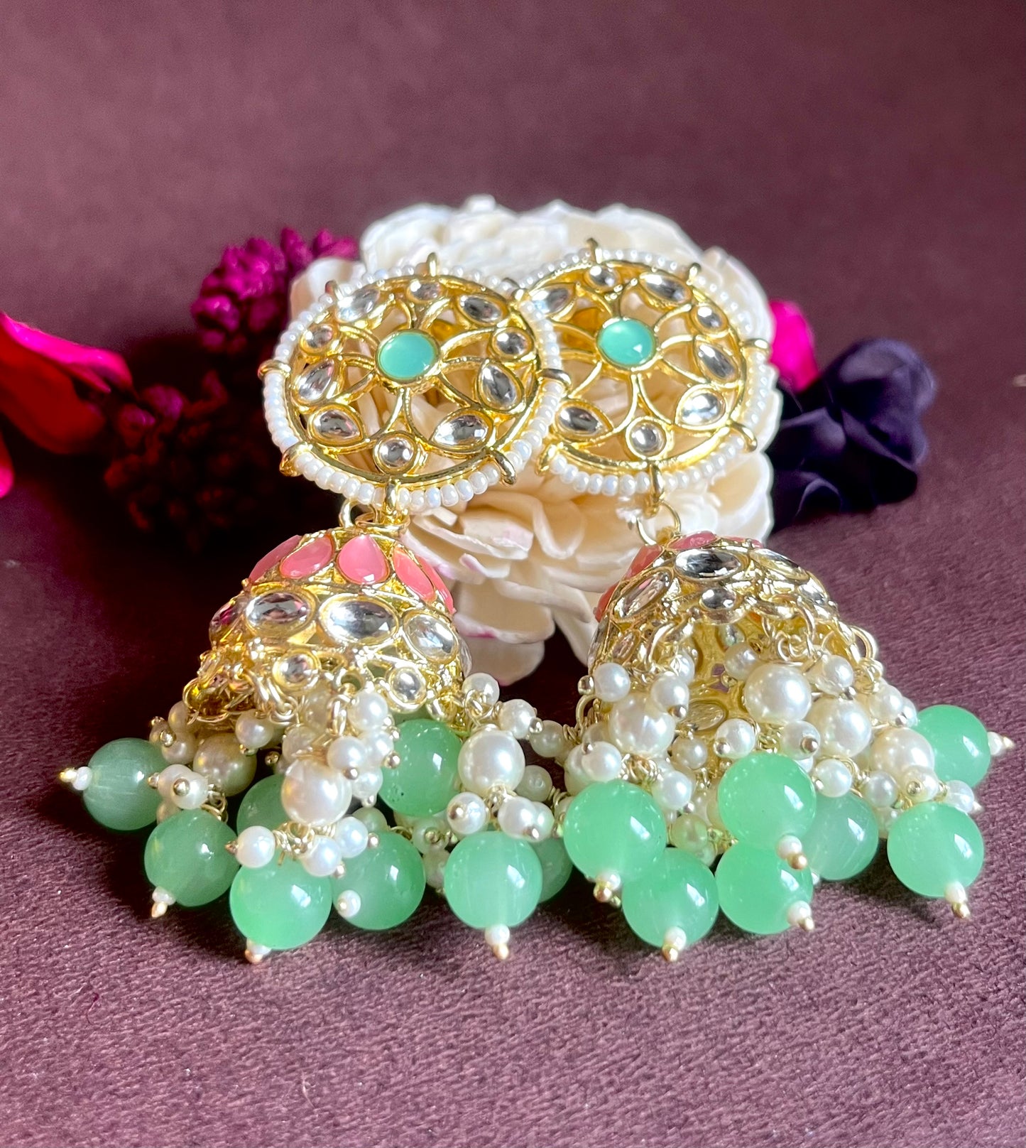 MINTGREEN PINK SIYA JHUMKIS