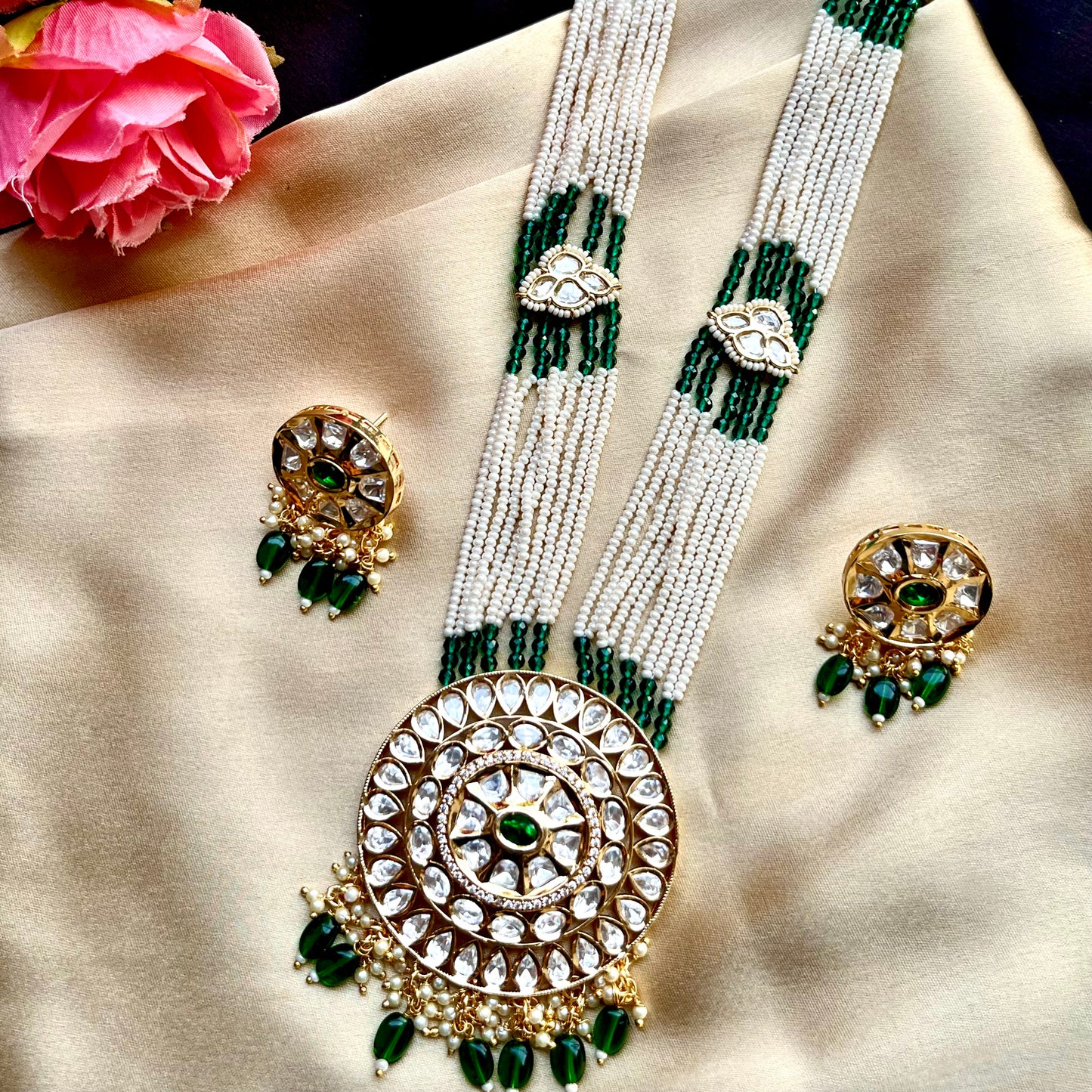 EMERALD POLKI LONG NECKLACE SET