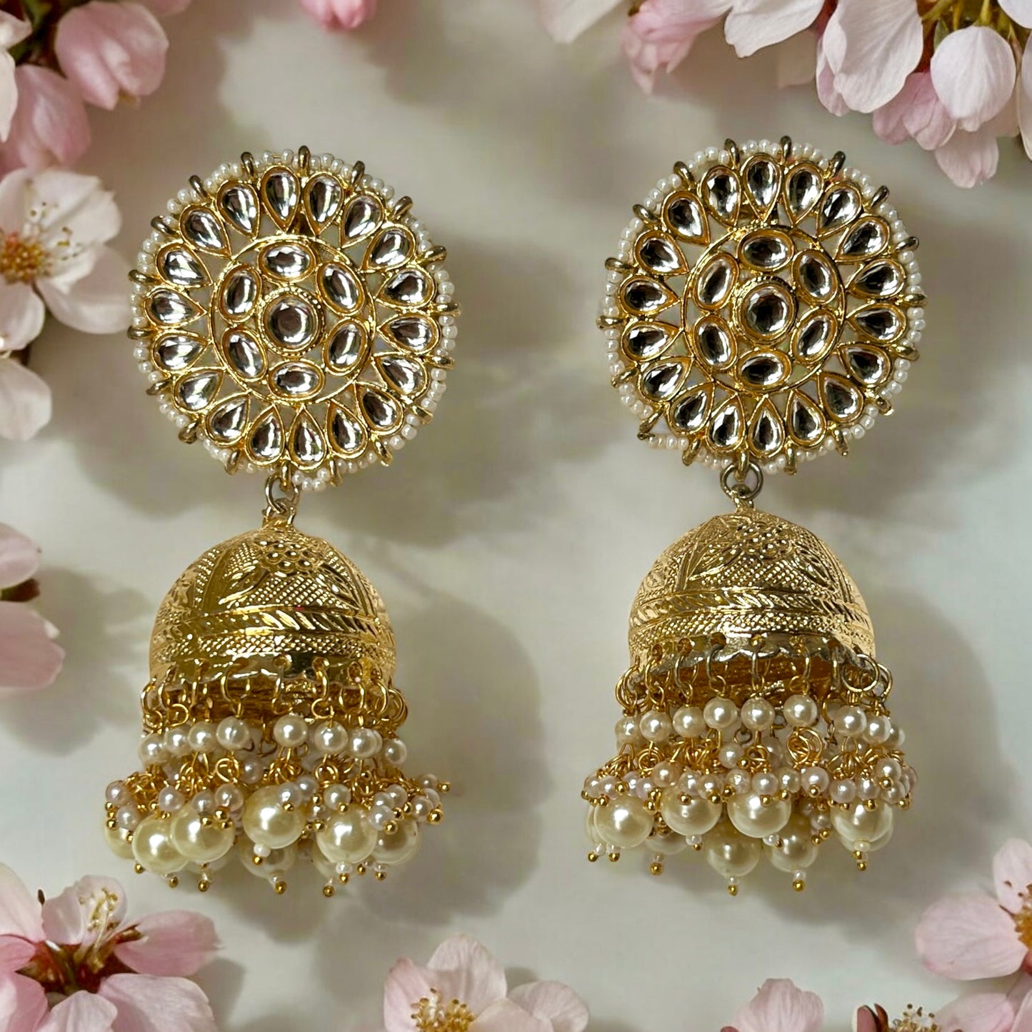 GOLD PEARLY KUNDAN JHUMKIS