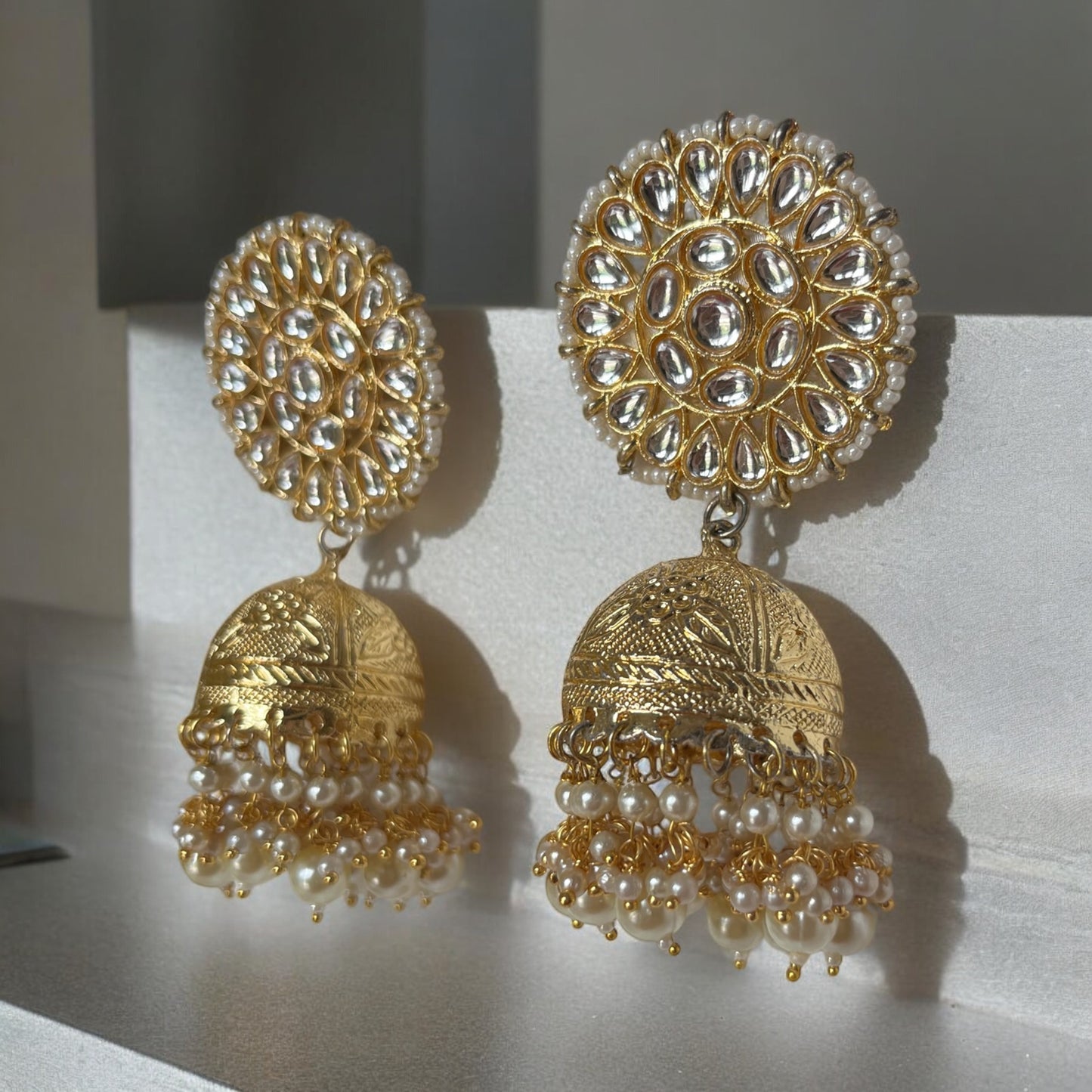 GOLD PEARLY KUNDAN JHUMKIS