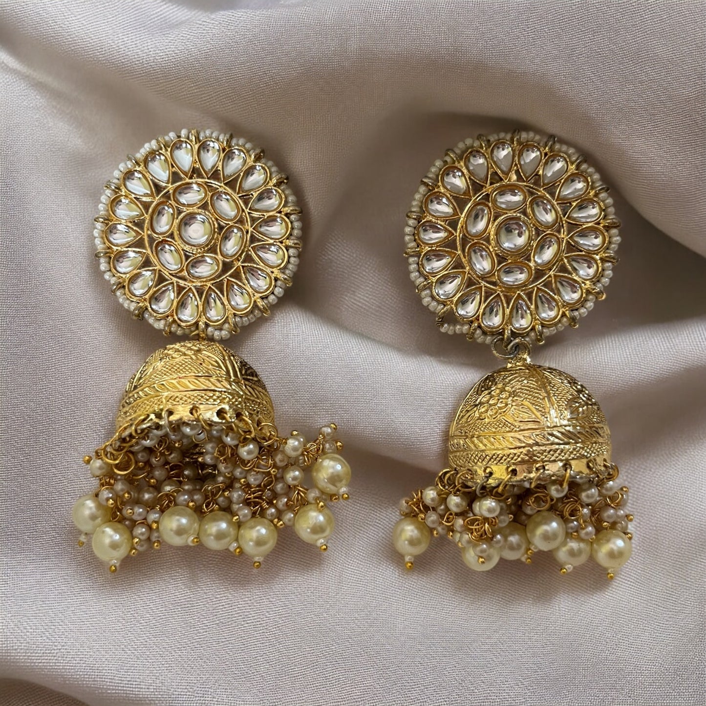 GOLD PEARLY KUNDAN JHUMKIS