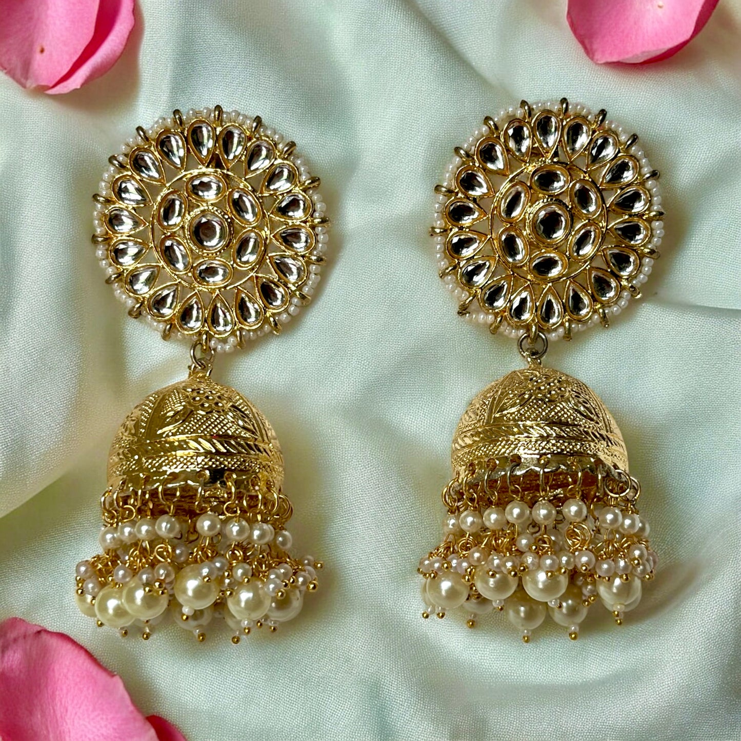 GOLD PEARLY KUNDAN JHUMKIS