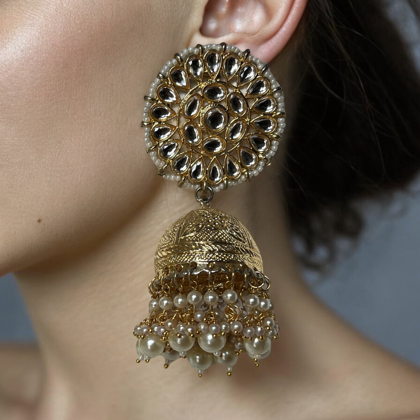 GOLD PEARLY KUNDAN JHUMKIS