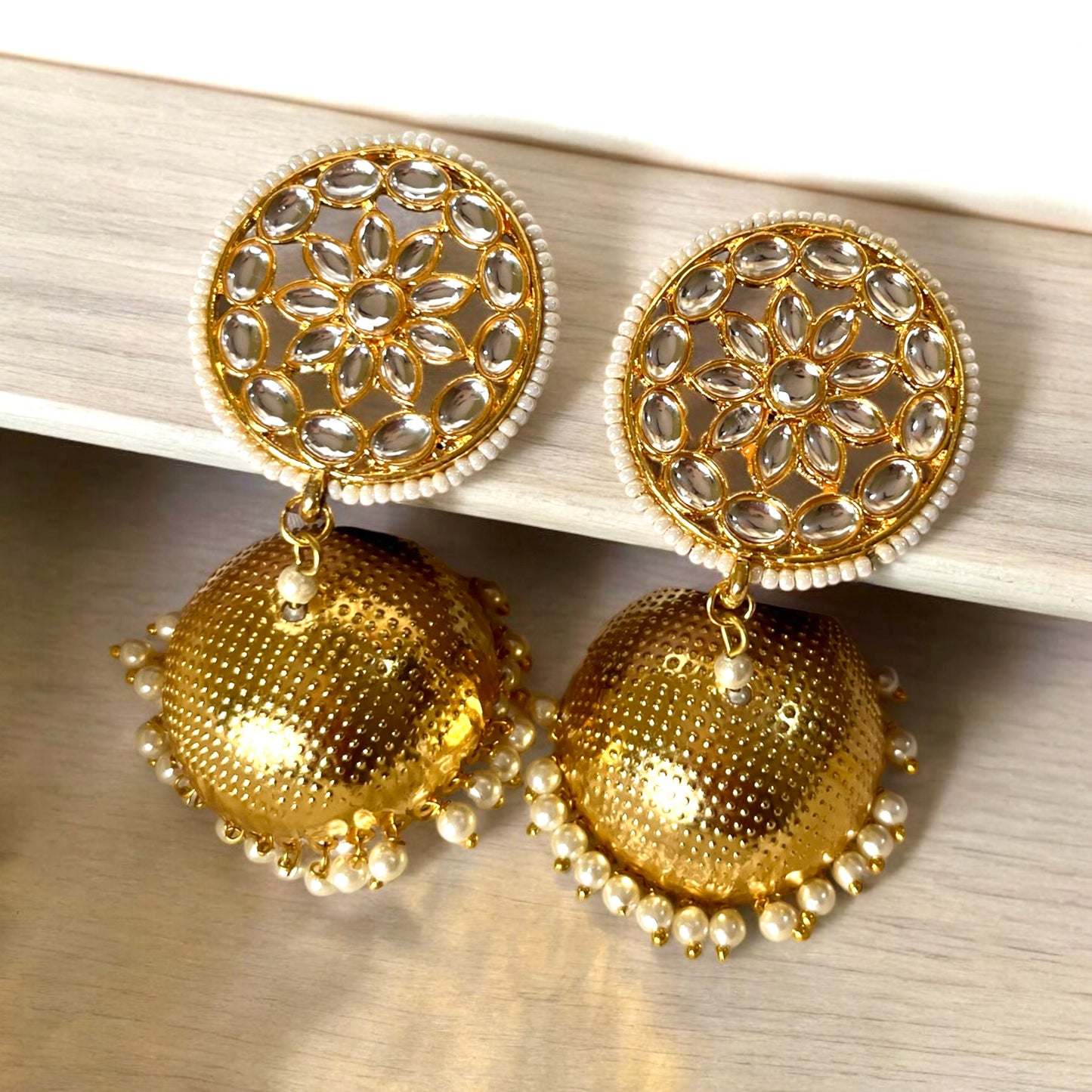 GOLDEN REEVA KUNDAN JHUMKIS