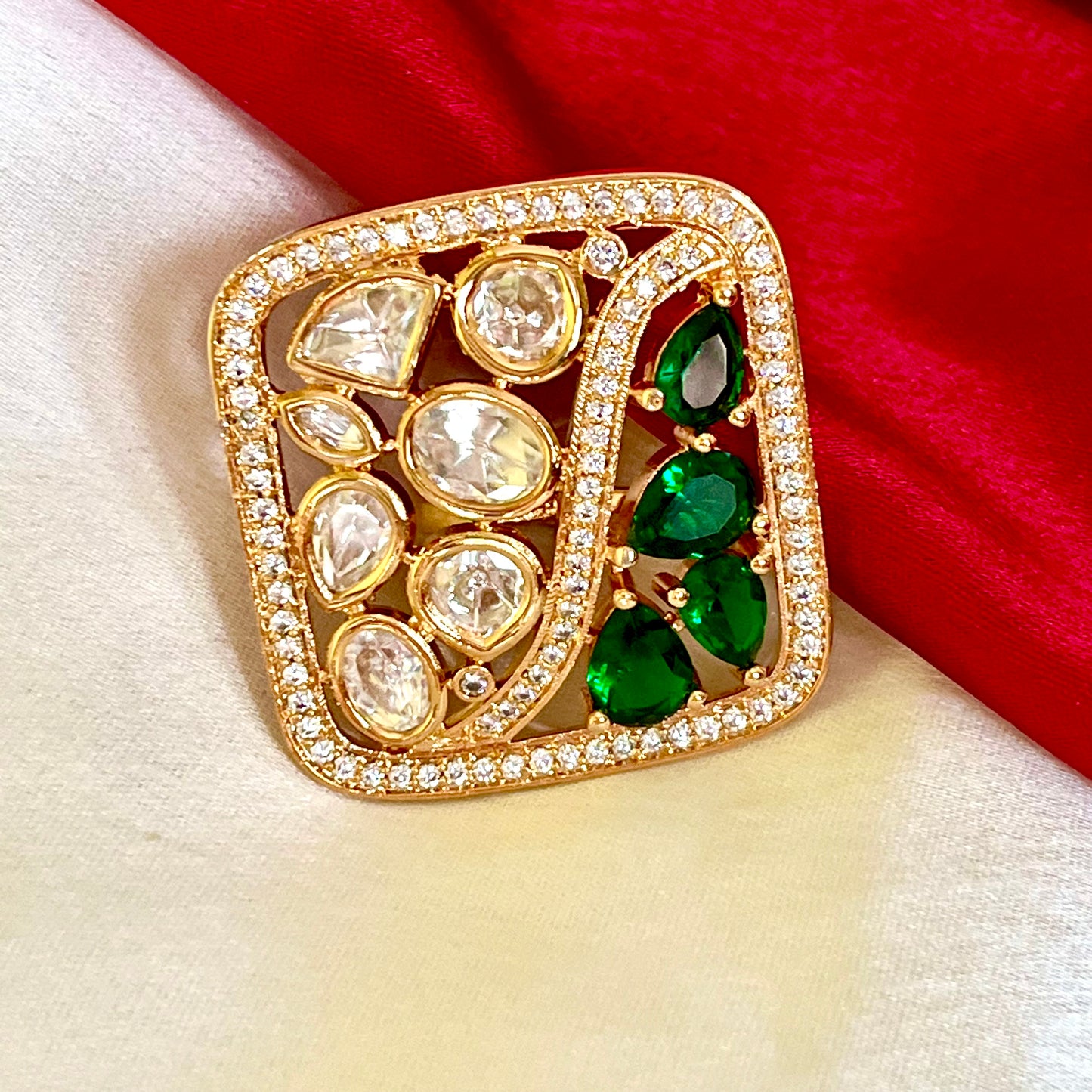 SQUARE EMERALD POLKI RING