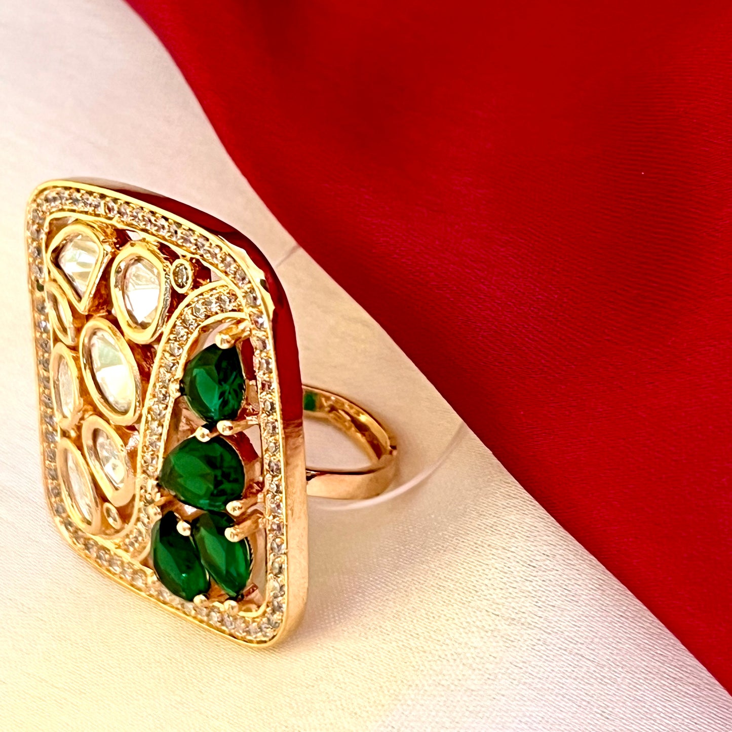 SQUARE EMERALD POLKI RING