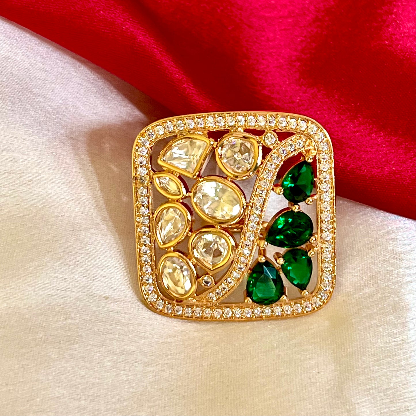 SQUARE EMERALD POLKI RING