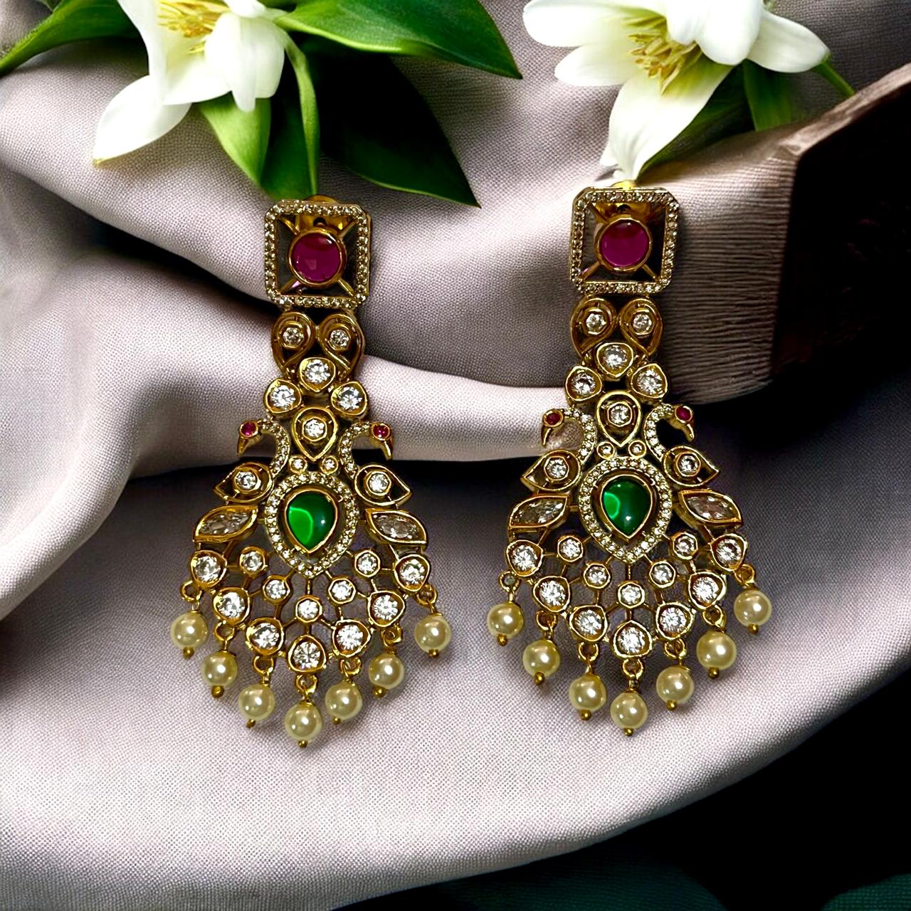 EMERALD POLKI PEACOCK EARRINGS