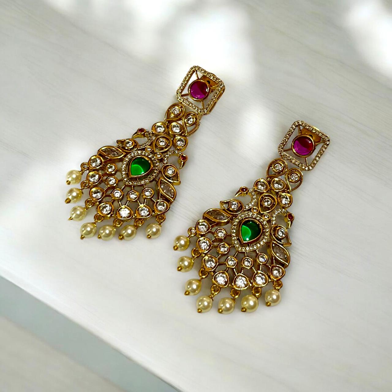 EMERALD POLKI PEACOCK EARRINGS