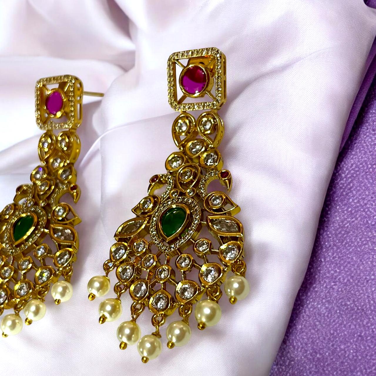 EMERALD POLKI PEACOCK EARRINGS